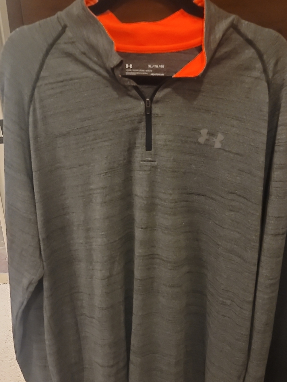 Mens Under Armour Gray Performance Half-Zip Long Sleeve Shirt with Orange Lining